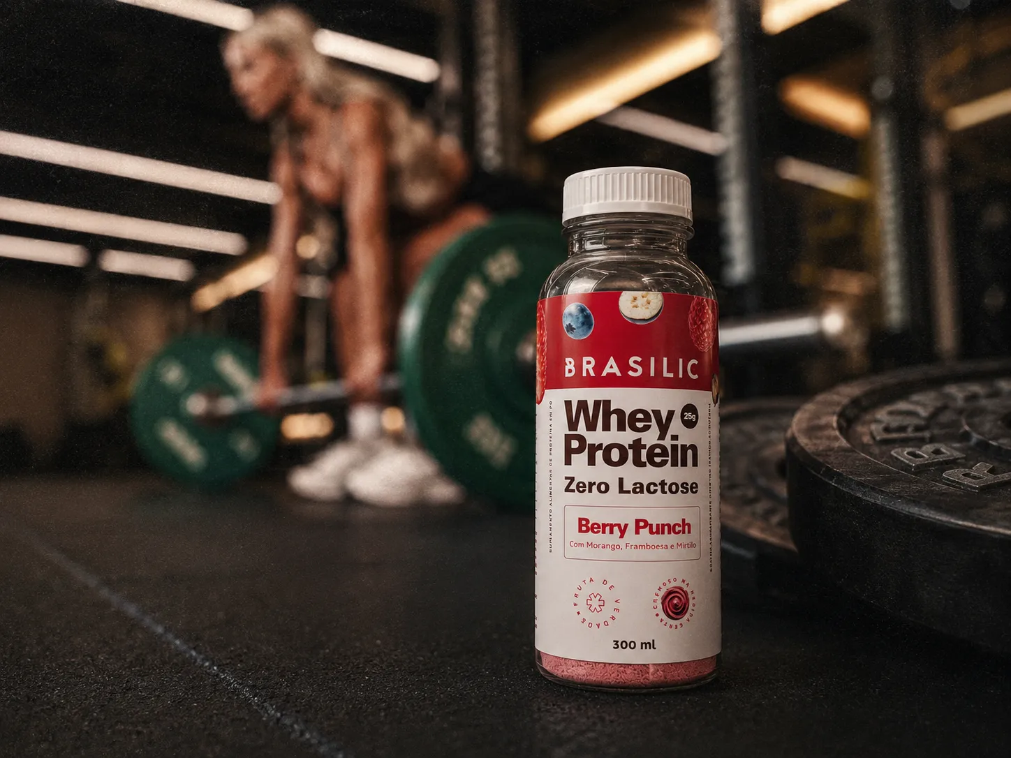 Whey Brasilic Berry Punch em academia com mulher fazendo levantamento de peso ao fundo