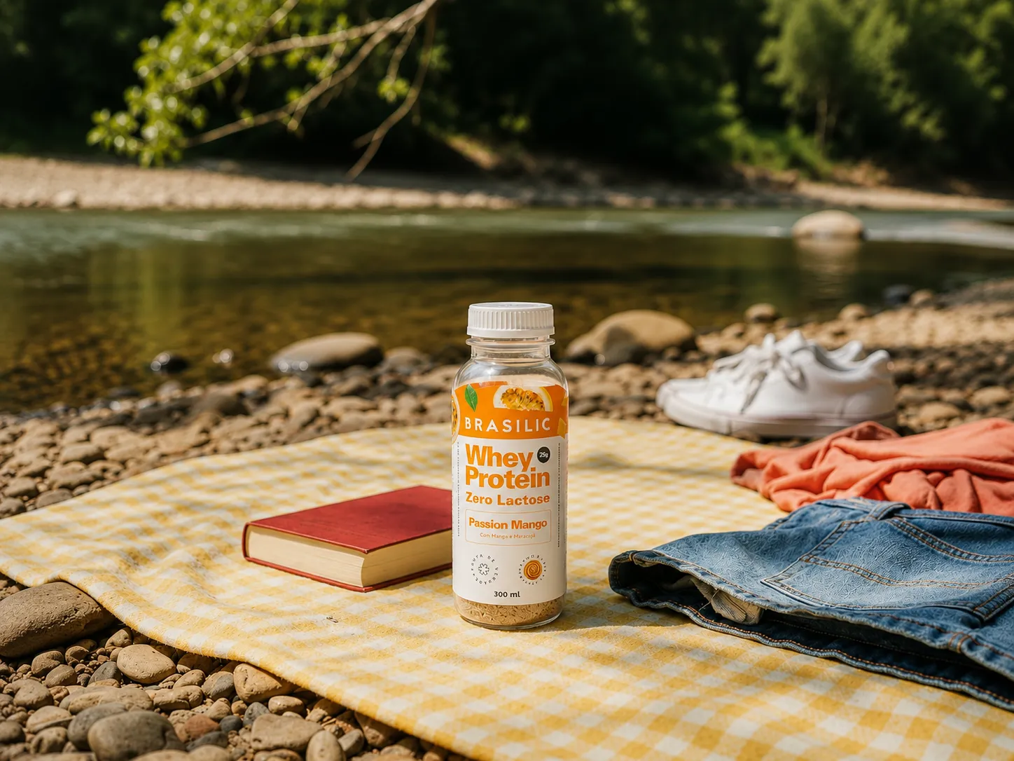 Whey Brasilic Passion Mango em piquenique à beira do rio com livro e tênis